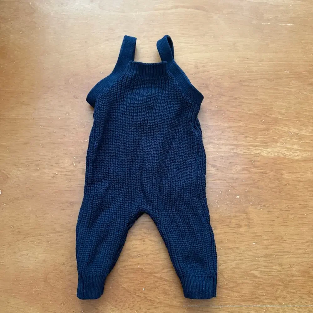 NWT Old Navy Navy Blue Sweater Overalls Romper Knit 0-3 Months Baby Boy Girl
